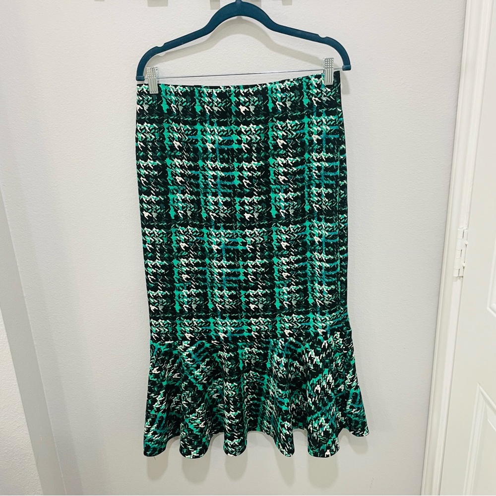 Messini Green Black Ruffled Trumpet Midi Skirt Fit & Flair Womens Size M